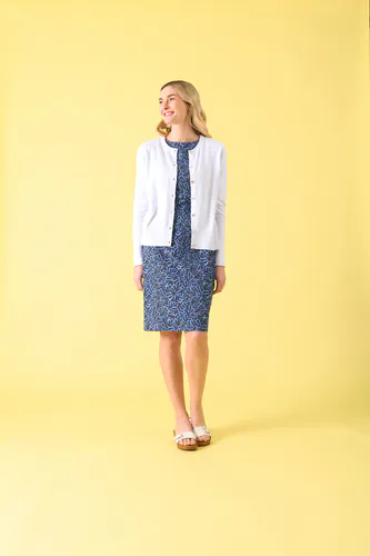 Model wearing Navy Hagley Cardigan By Charlie Jane Available at Beetees Nelson